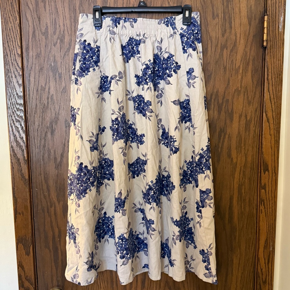 Coldwater Creek Linen Blend Floral Midi Skirt Blue Hydrangea Print Cottagecore